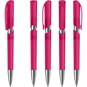 A set of five transparent pink plastic pens with silver accents and clips. Each pen features a different design.