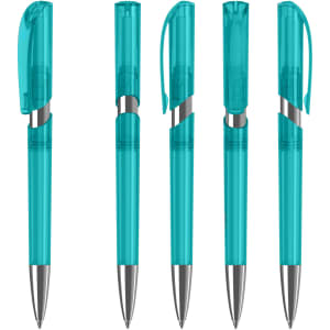 A set of transparent turquoise plastic pens with silver accents and retractable tips, featuring a logo.