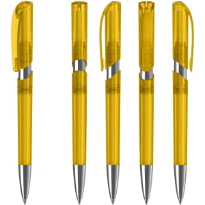 A collection of transparent yellow plastic pens with silver accents and clip tops. Each pen displays a slightly different position.