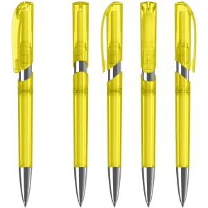 A set of bright yellow plastic pens with transparent bodies and silver accents, featuring retractable mechanisms.