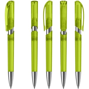 A set of transparent green plastic pens with silver accents and retractable tips, featuring a logo on the side.