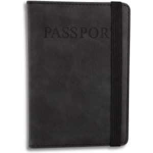 A black passport wallet featuring a secure elastic band and embossed "PASSPORT" detail on the front.