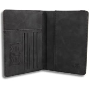 A grey travel wallet featuring slots for cards and a compartment for tickets, with RFID protection.