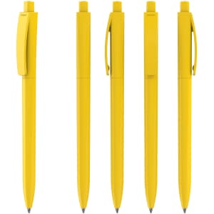 A set of five bright yellow plastic pens with clips, featuring a glossy finish and subtle branding.