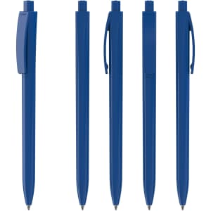 A set of five blue plastic pens with a sleek design and clip feature, showcasing different angles.