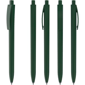 A set of green plastic pens arranged in a row, featuring a logo on one pen.