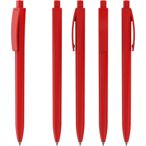 A set of red plastic pens displayed from various angles, featuring a sleek design and a clip.