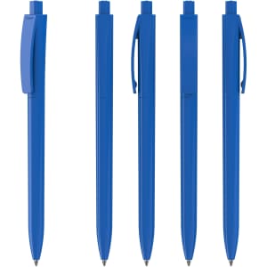 A set of five blue plastic pens displayed in various positions, featuring a simple design and a clip on each pen.