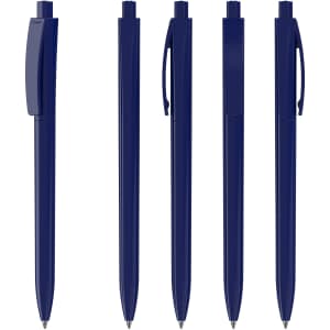 A collection of five navy blue plastic pens, each featuring a different design with clips and caps, including a logo.