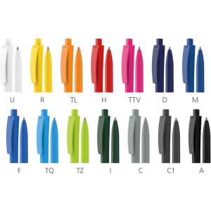 A collection of plastic pens in various colours, including white, orange, blue, green, and black, each with a logo.