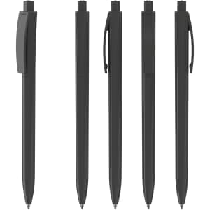 A set of black plastic pens displayed in various orientations, featuring a sleek, high-gloss finish and a logo.
