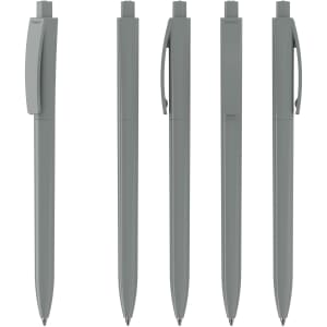 A collection of grey plastic pens featuring a sleek high-gloss finish and clip design. The image includes multiple angles.