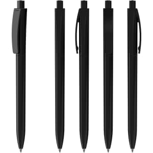 A set of five sleek black plastic pens with varying clip designs and a shiny finish. Each pen has a logo.