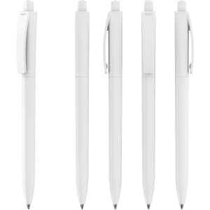 A set of five sleek white plastic pens with a clip and a glossy finish, featuring a simple design.
