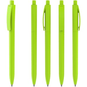 A set of five vibrant green plastic pens with clips and smooth finishes, featuring a logo on one pen.