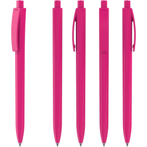 Five pink plastic pens, featuring a glossy finish and clip, displayed in various orientations. Each has a branding logo.