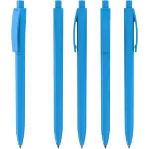 A collection of five blue plastic pens in various positions, featuring clips and a sleek design.