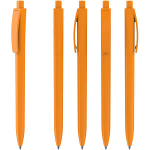A plastic pen in high gloss orange, featuring a clip and smooth finish, displayed from multiple angles.