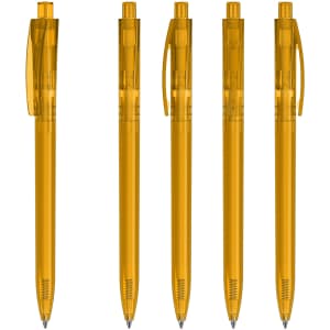 Five transparent orange plastic pens displayed upright, showcasing the unique design and clip mechanism.