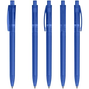 A set of five blue transparent plastic pens, featuring a clip and a visible ink reservoir.