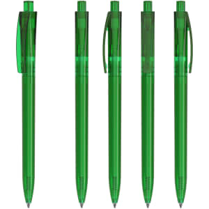 A set of five transparent green plastic pens with varying designs and clip styles, featuring a logo.