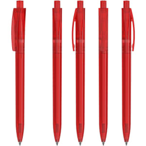 Five transparent red plastic pens are arranged in a row, each featuring a clip and a logo.