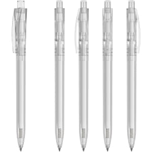 A set of transparent plastic pens in various positions, featuring silver accents and a clip on the side.