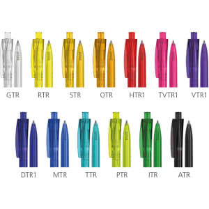 A collection of plastic pens in various colours, including clear, blue, green, yellow, orange, red, and black, with logos.