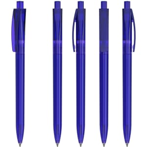 A collection of five transparent blue plastic pens, each featuring a clip and a smooth barrel design.