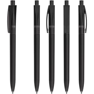 A set of five black plastic pens with a transparent section and clip, each displaying a sleek design.