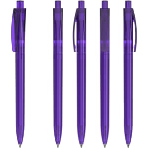 Five transparent purple plastic pens lined up, featuring different designs and a clip on each pen for carrying.