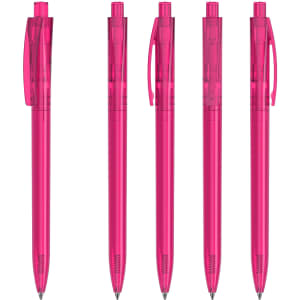 A set of five pink plastic pens with transparent bodies and clip mechanisms, arranged in a row.