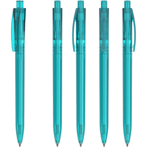 Five transparent turquoise plastic pens displayed in a row, featuring a clip on each pen.