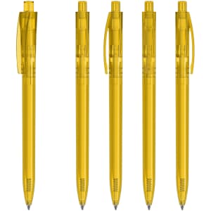A collection of five transparent yellow plastic pens, each featuring a clip and a visible ink chamber.