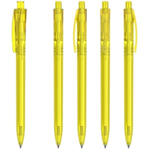 A collection of yellow transparent plastic pens displayed in a row, featuring a clip and a logo on each pen.