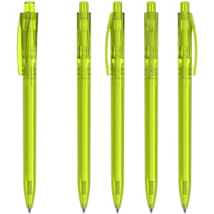A set of five transparent green plastic pens with clips and retractable tips, featuring a logo on each pen.