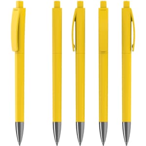 A collection of bright yellow plastic pens with silver accents and clips, featuring a sleek, glossy finish.