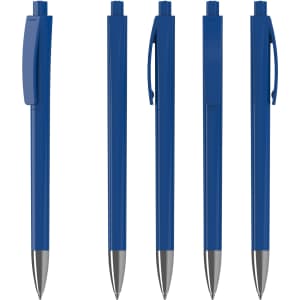 A group of blue plastic pens with silver tips and a clip. The pens have a glossy finish and feature branding.