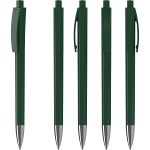 A set of dark green plastic pens with silver accents, featuring different positions and an included logo.