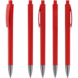 A set of five red plastic pens with shiny finishes and silver accents, featuring clips and push-button tips.