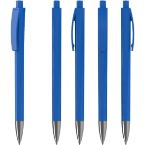 A collection of blue plastic pens with silver tips, featuring various angles and a logo on one pen.