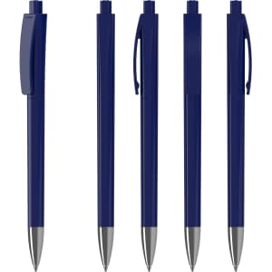 A collection of navy blue plastic pens with shiny silver accents, featuring a clip and push-button design.