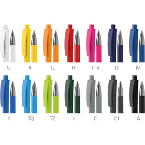 A collection of plastic pens in various colours, featuring a sleek design and a silver clip. Each pen has a logo.