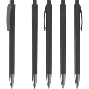 A set of five black plastic pens with a high gloss finish and metal accents. Each pen features a clip and a logo.