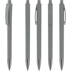 A set of five high-gloss grey plastic pens with chrome accents, featuring a logo on each pen.