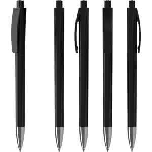 A collection of five black plastic pens featuring shiny silver tips and clips, with a sleek design and branding.