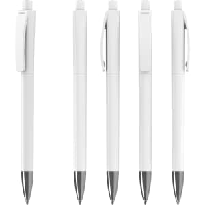 A set of five plastic pens in white with silver accents, featuring branding on the body.