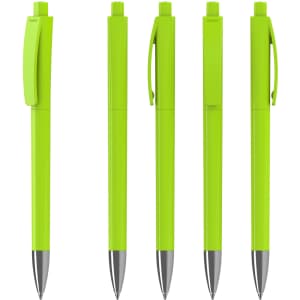 Five bright green plastic pens with a glossy finish and silver accents, featuring clips for easy attachment.