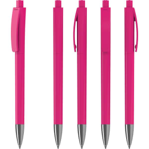 A set of five bright pink plastic pens featuring silver accents and clips. Each pen has a sleek design and branding.