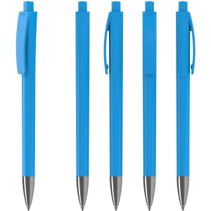 A series of five blue plastic pens with silver accents, featuring a clip and push mechanism, along with a logo.